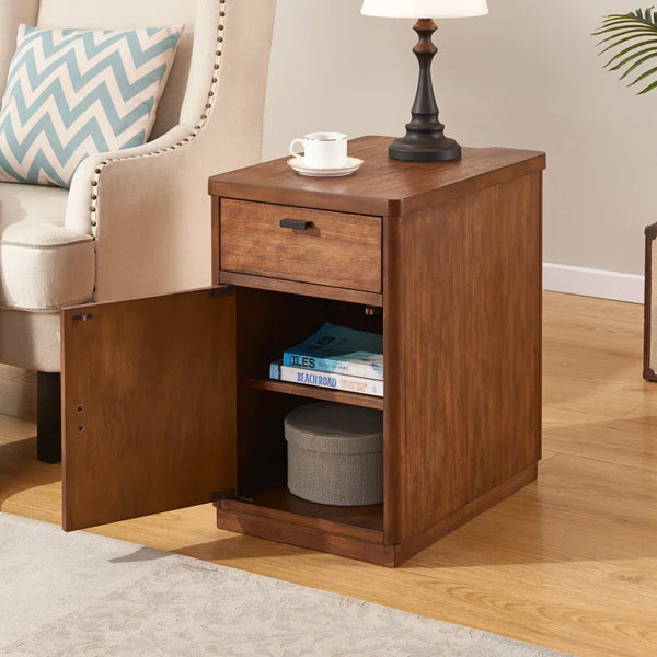 Drum End Table with Built-In Outlets