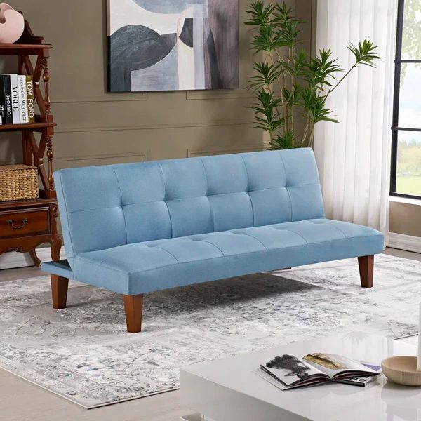 Blue Polyester 69'' Wide Cushion Back Convertible Sofa