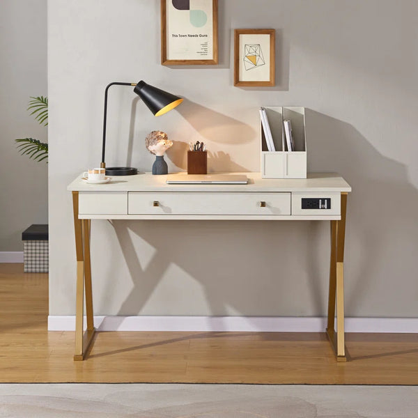 White Rectangular Writing Desk with Built in Outlets