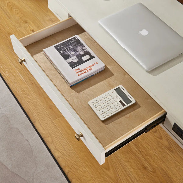 White Rectangular Writing Desk with Built in Outlets