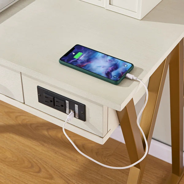 White Rectangular Writing Desk with Built in Outlets