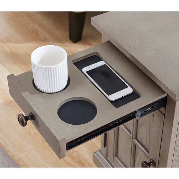 23'' Tall Gray Block End Table with Storage and Built-In Outlets
