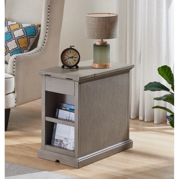 23'' Tall Gray Block End Table with Storage and Built-In Outlets