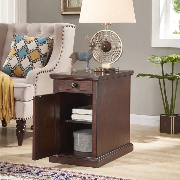 23'' Tall Dark Brown Block End Table with Storage and Built-In Outlets