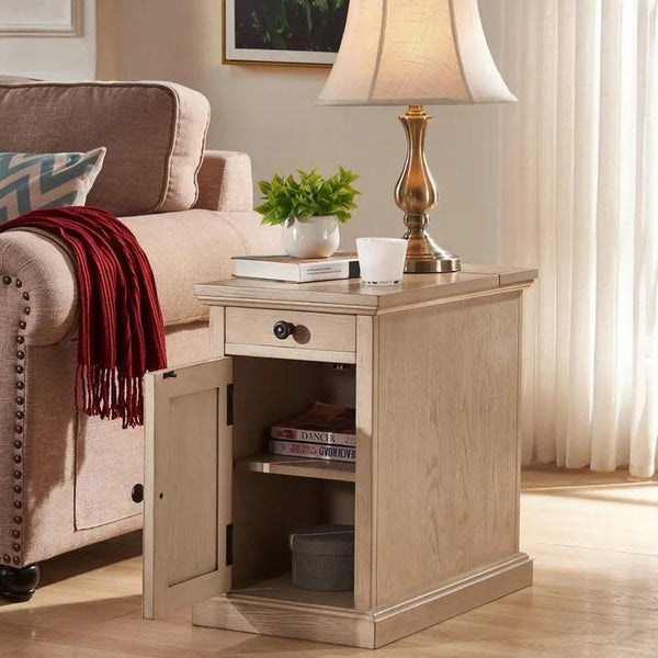 23'' Tall Antique White Block End Table with Storage and Built-In Outlets