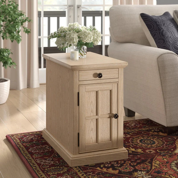 23'' Tall Antique White Block End Table with Storage and Built-In Outlets