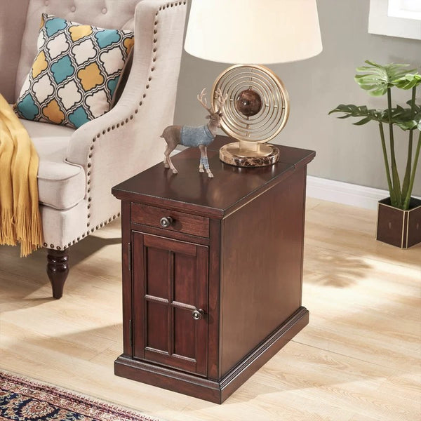 23'' Tall Dark Brown Block End Table with Storage and Built-In Outlets